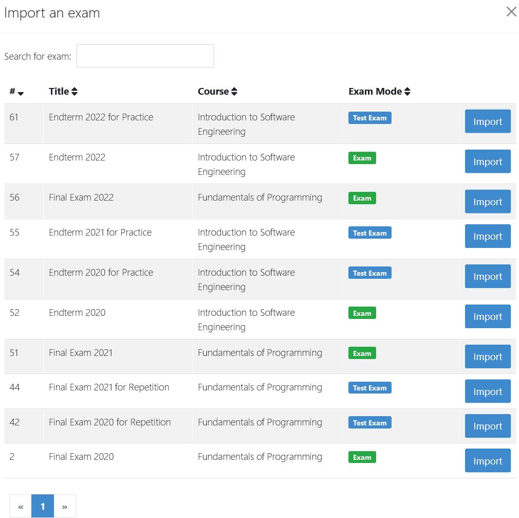 List with all exams available for import