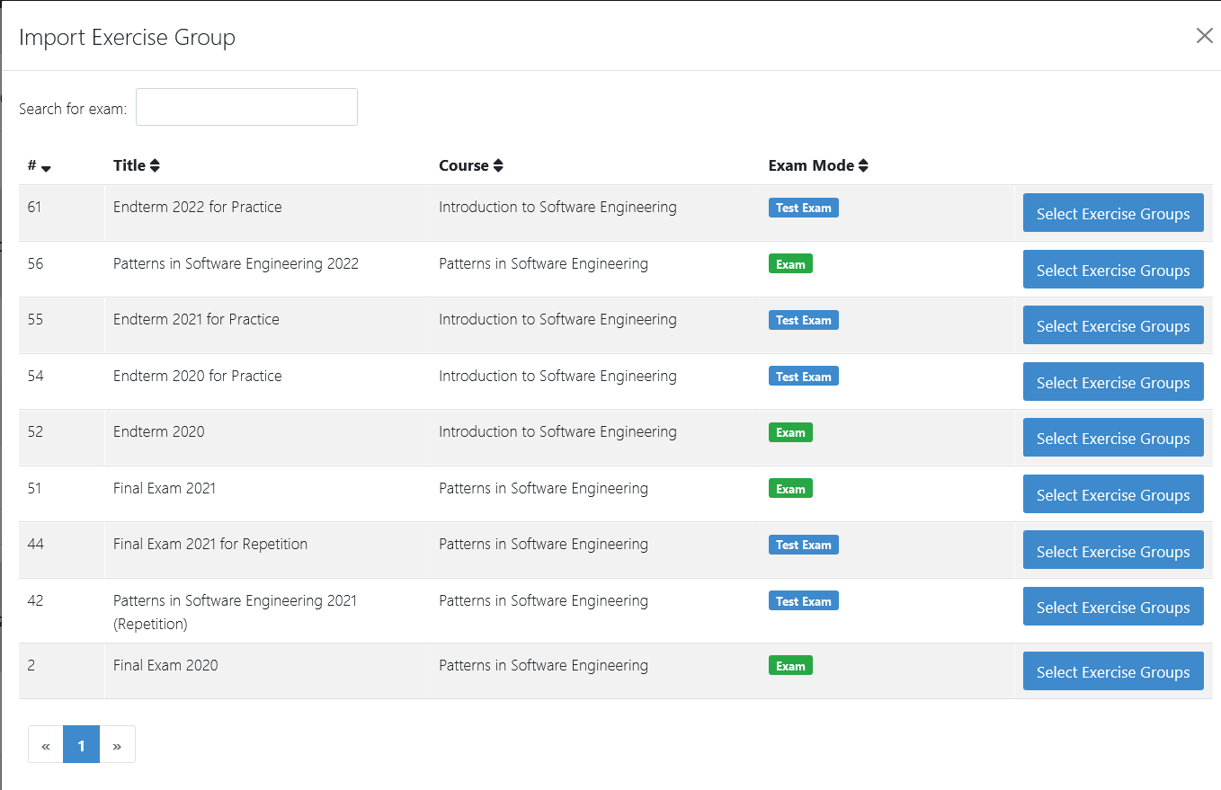 First step in the process to import exercise group(s). You can select one exam, from which exercise group(s) should be imported