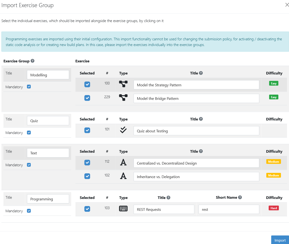 Second step in the process to import exercise group(s). You can select or deselect individual exercises, which should be imported alongside the exercise group(s).