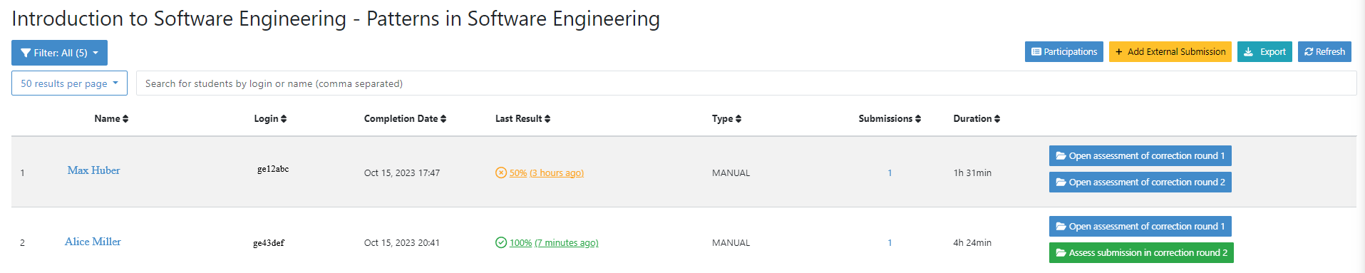 Scores page