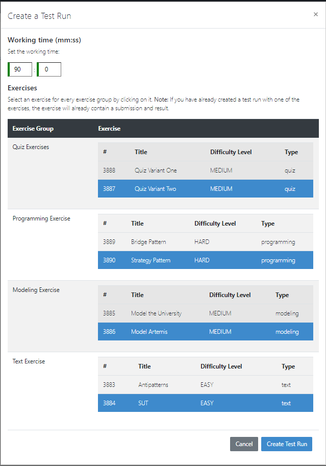 Create test run popup with one exercise variant selected for each exercise group.