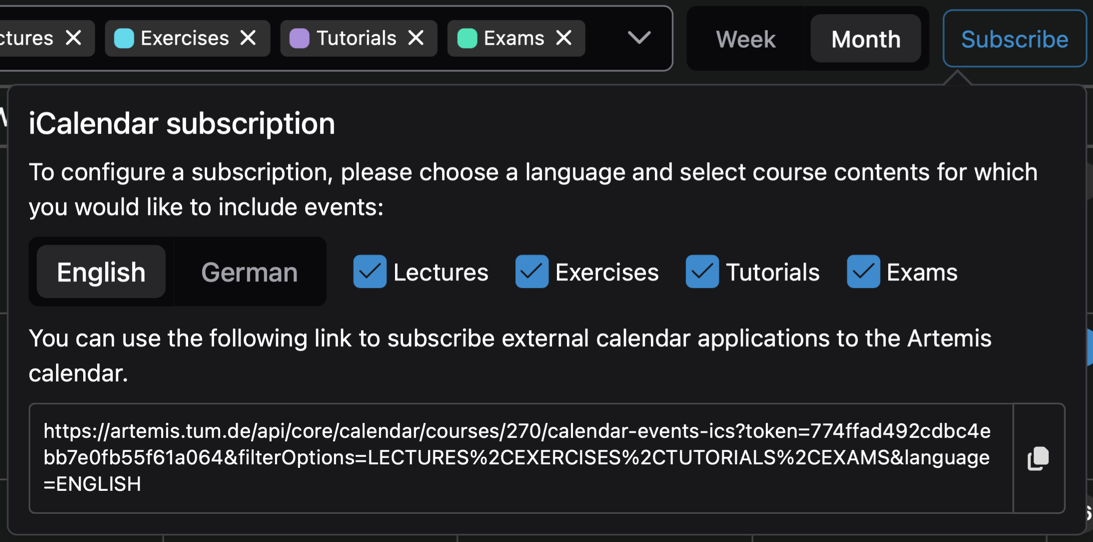 iCalendar Subscription Popover for Large Devices