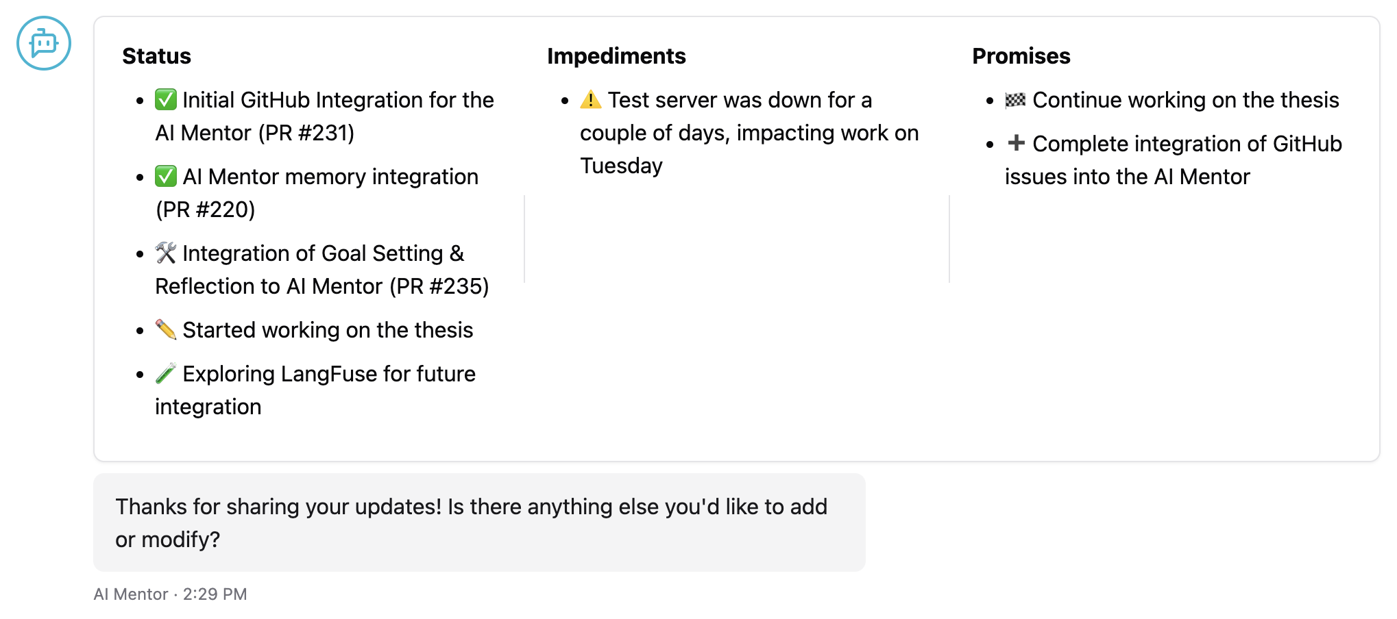 Session summary inside the mentor