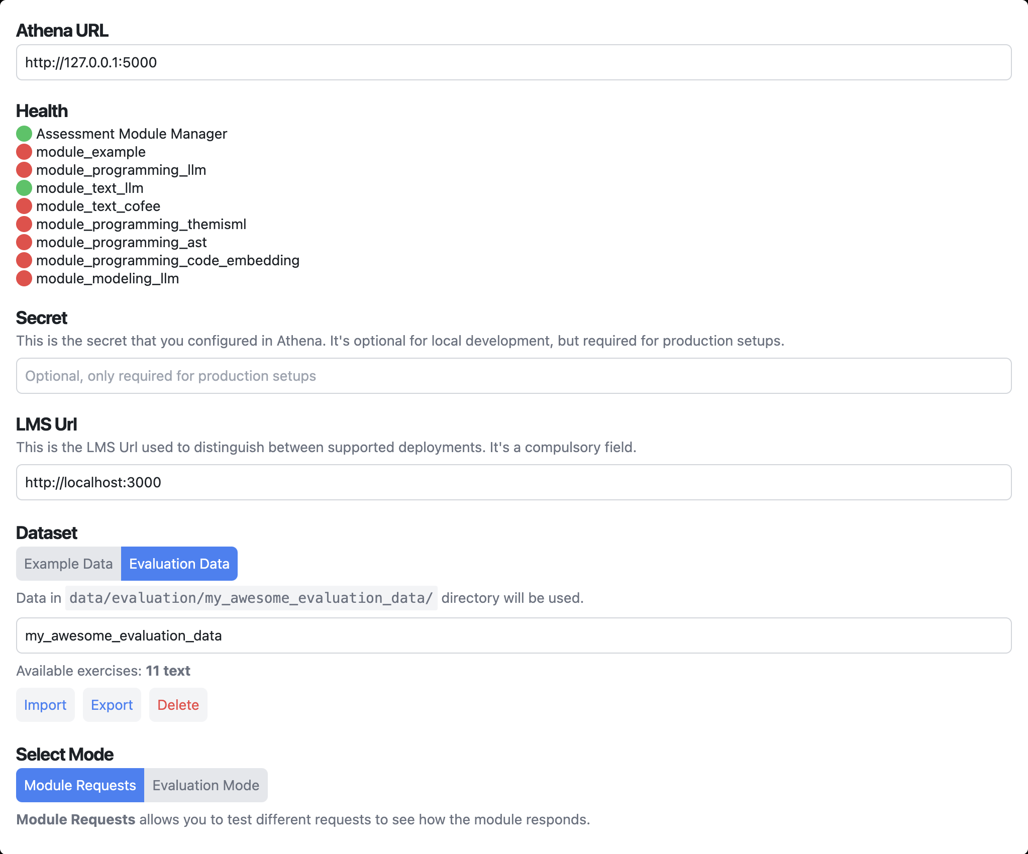 Base Info Header Interface of the Athena Playground (local setup)