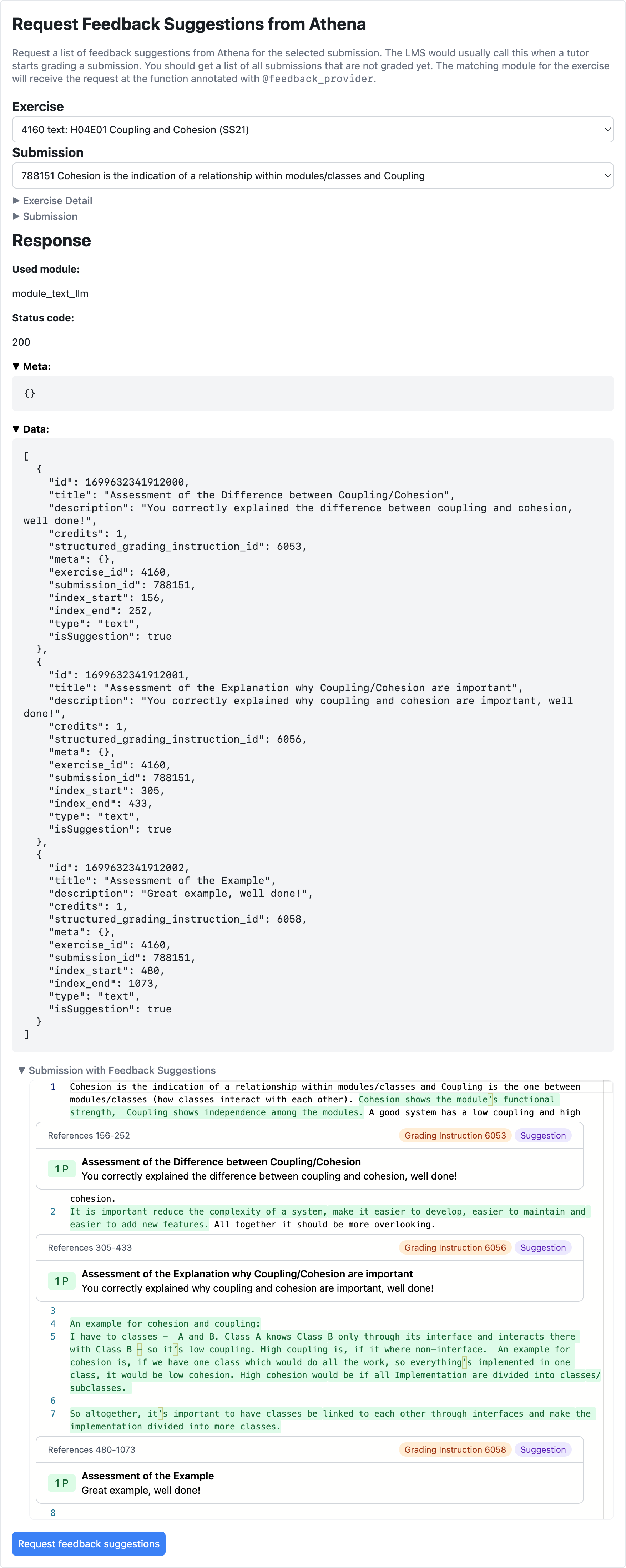 Module Requests: Generate Feedback Suggestions Request
Interface of the Athena Playground