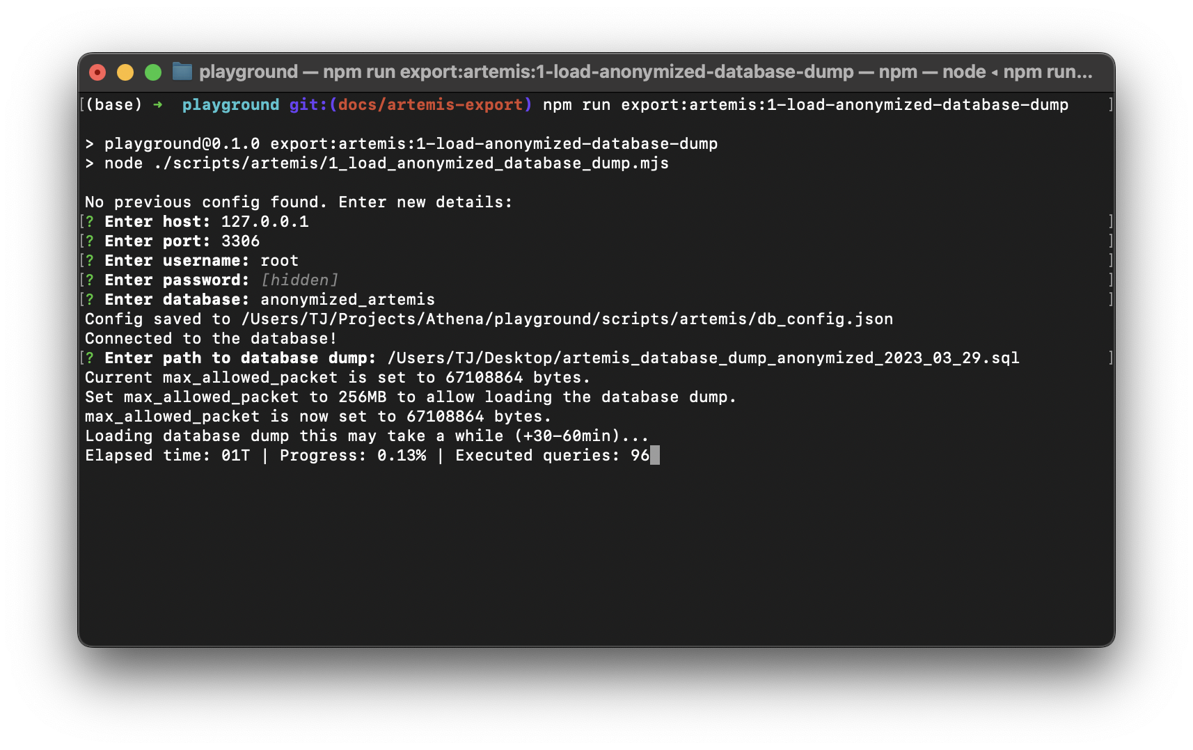 Example terminal screenshot of the command to load the anonymized database dump
