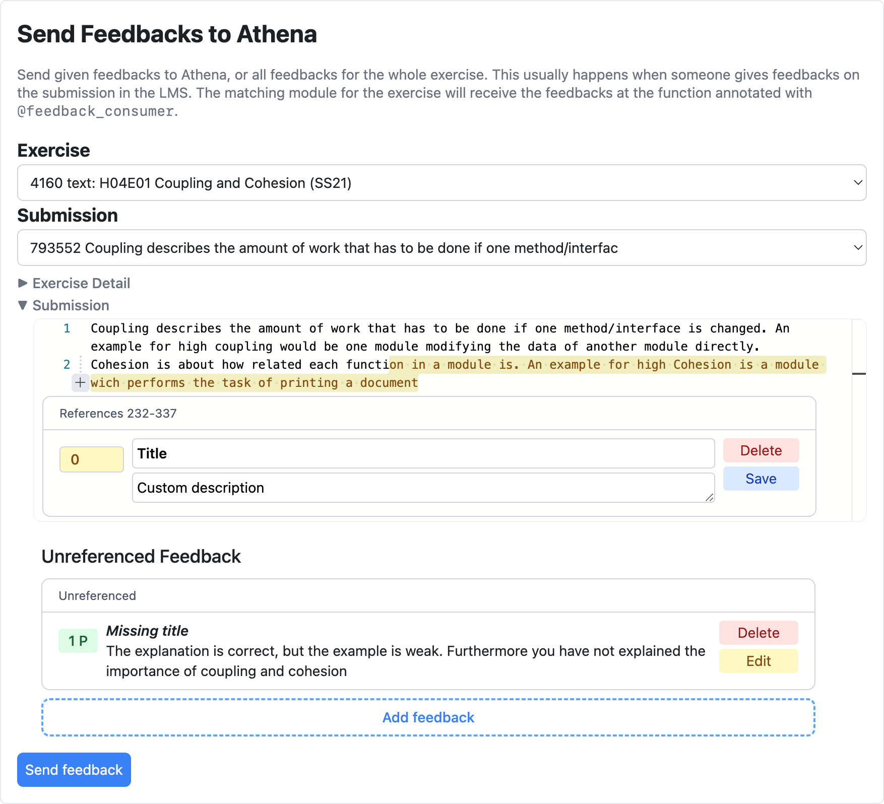 Module Requests: Send Feedback Request Interface of the
Athena Playground