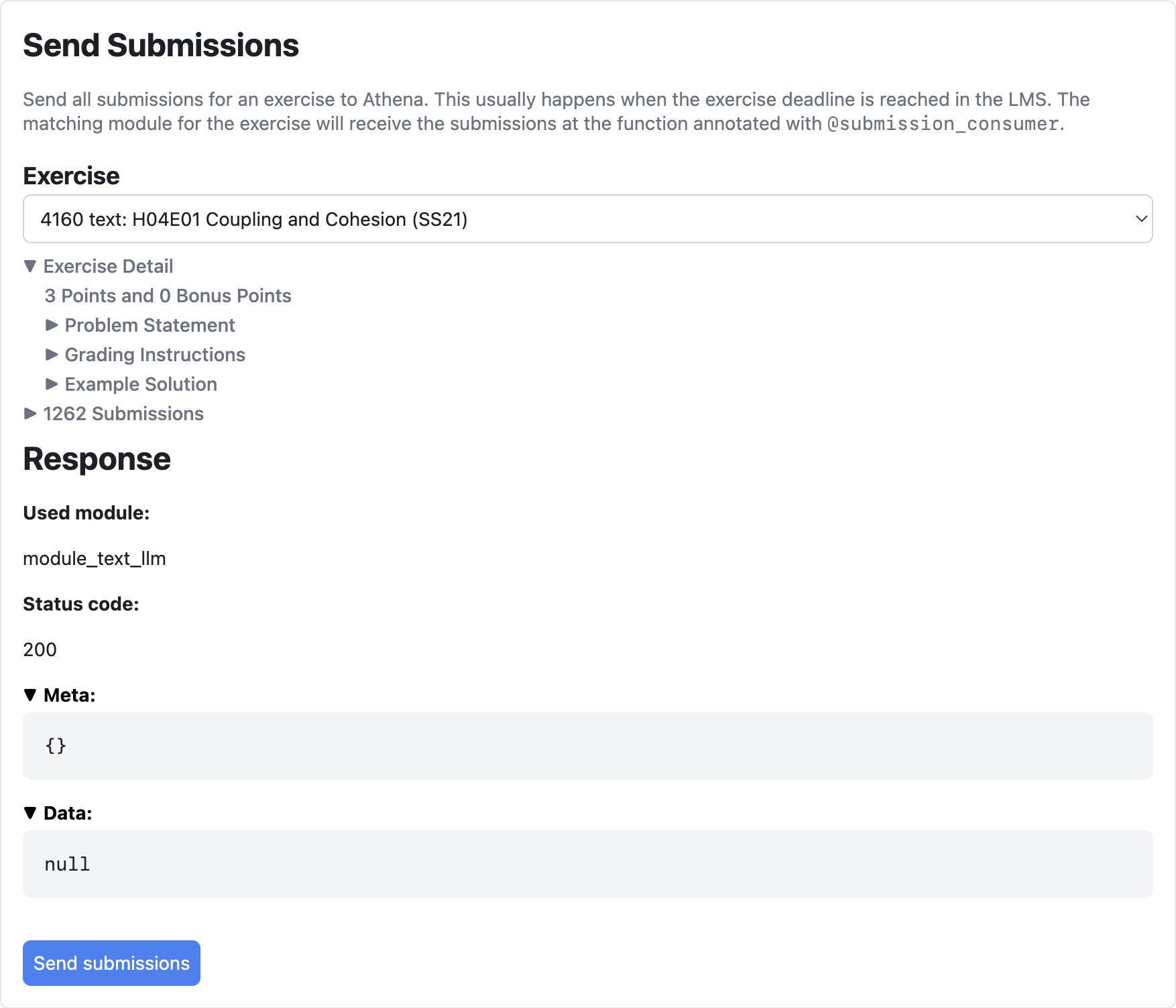 Module Requests: Send Submissions Request Interface of the
Athena Playground