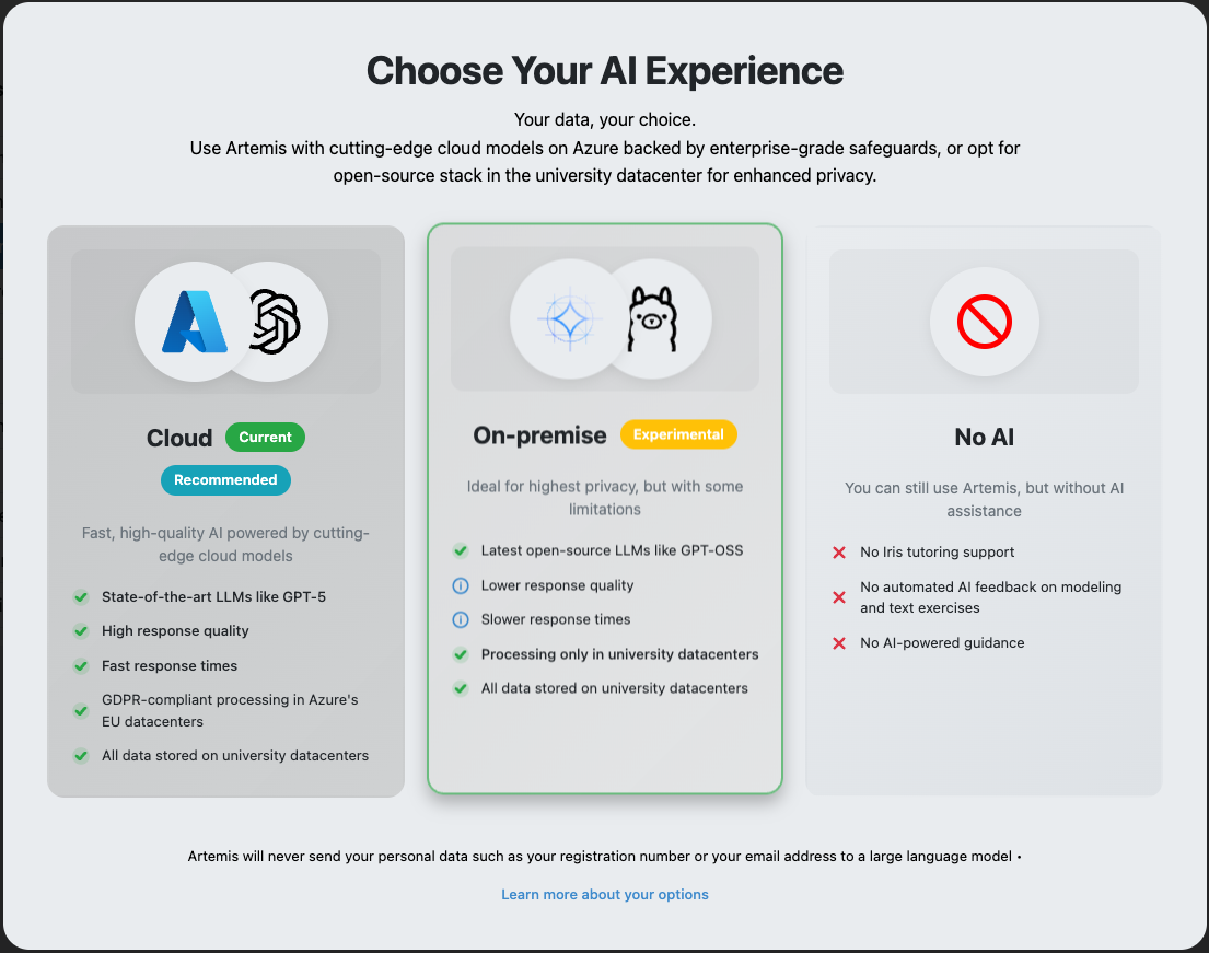 AI experience selection screen in Artemis