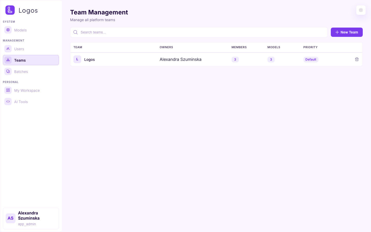 Teams page