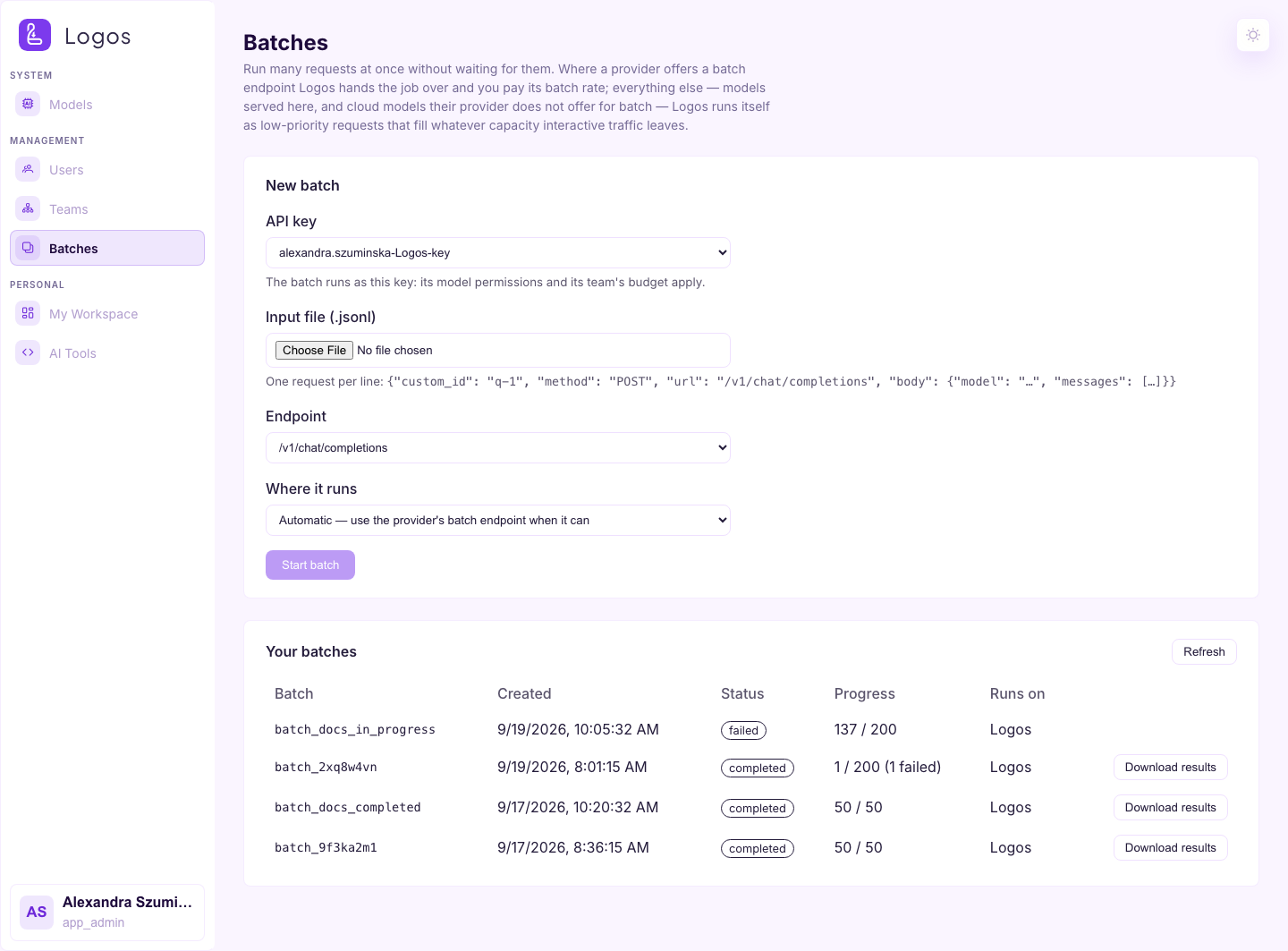 Batches page