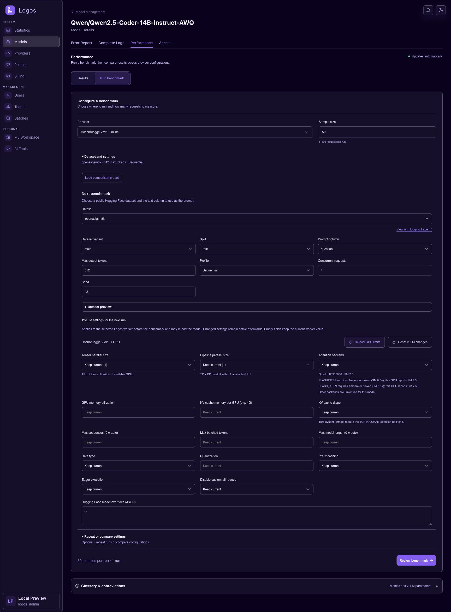 Dark mode with vLLM controls and parameter hints