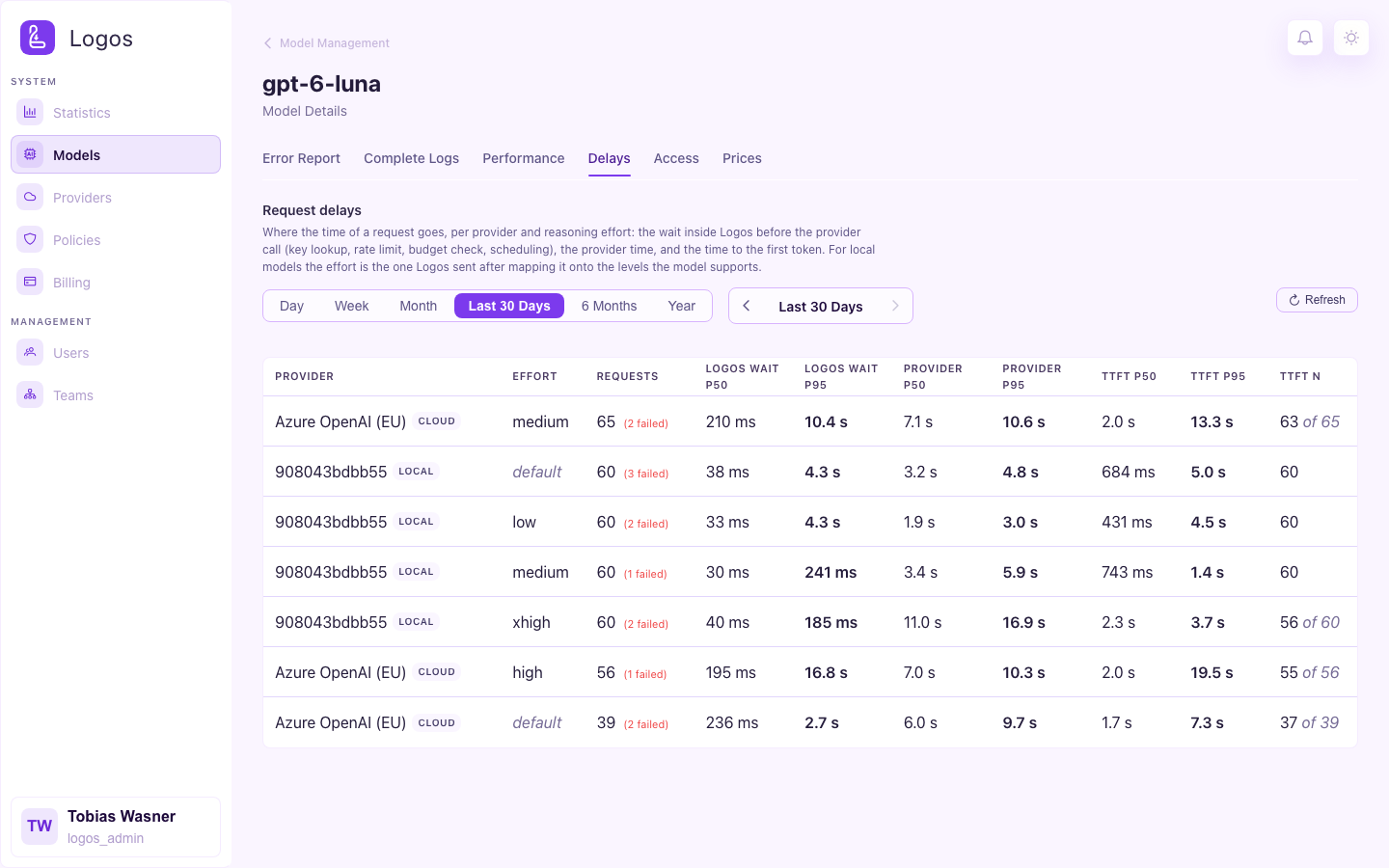 Delays tab of a model