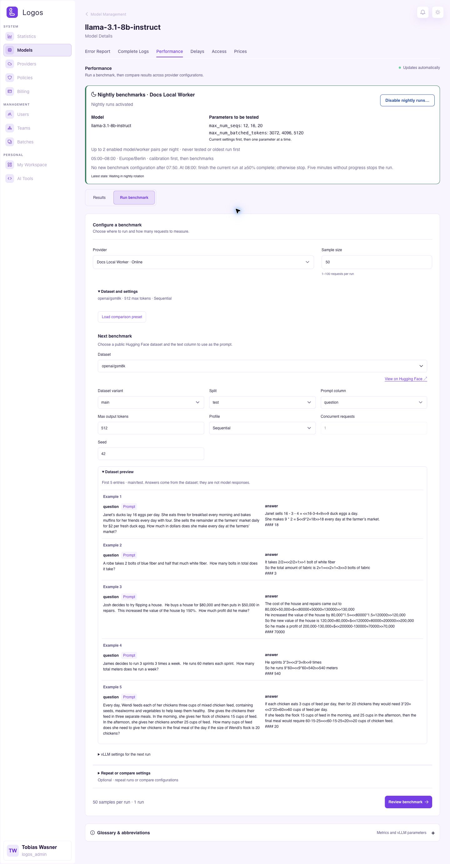 Example schedule with the model, parameter values and dataset previews