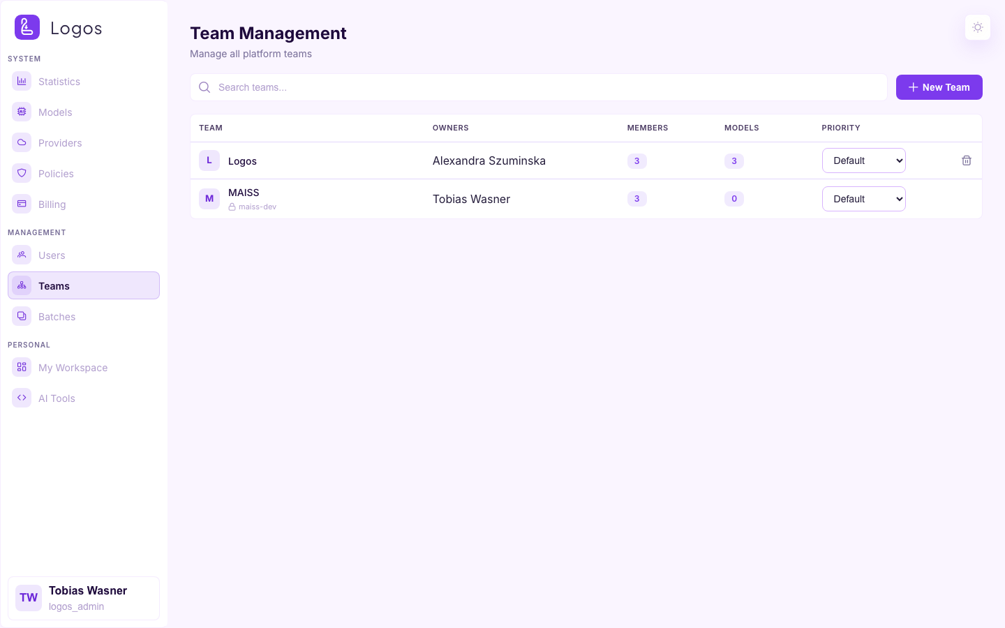 Teams page