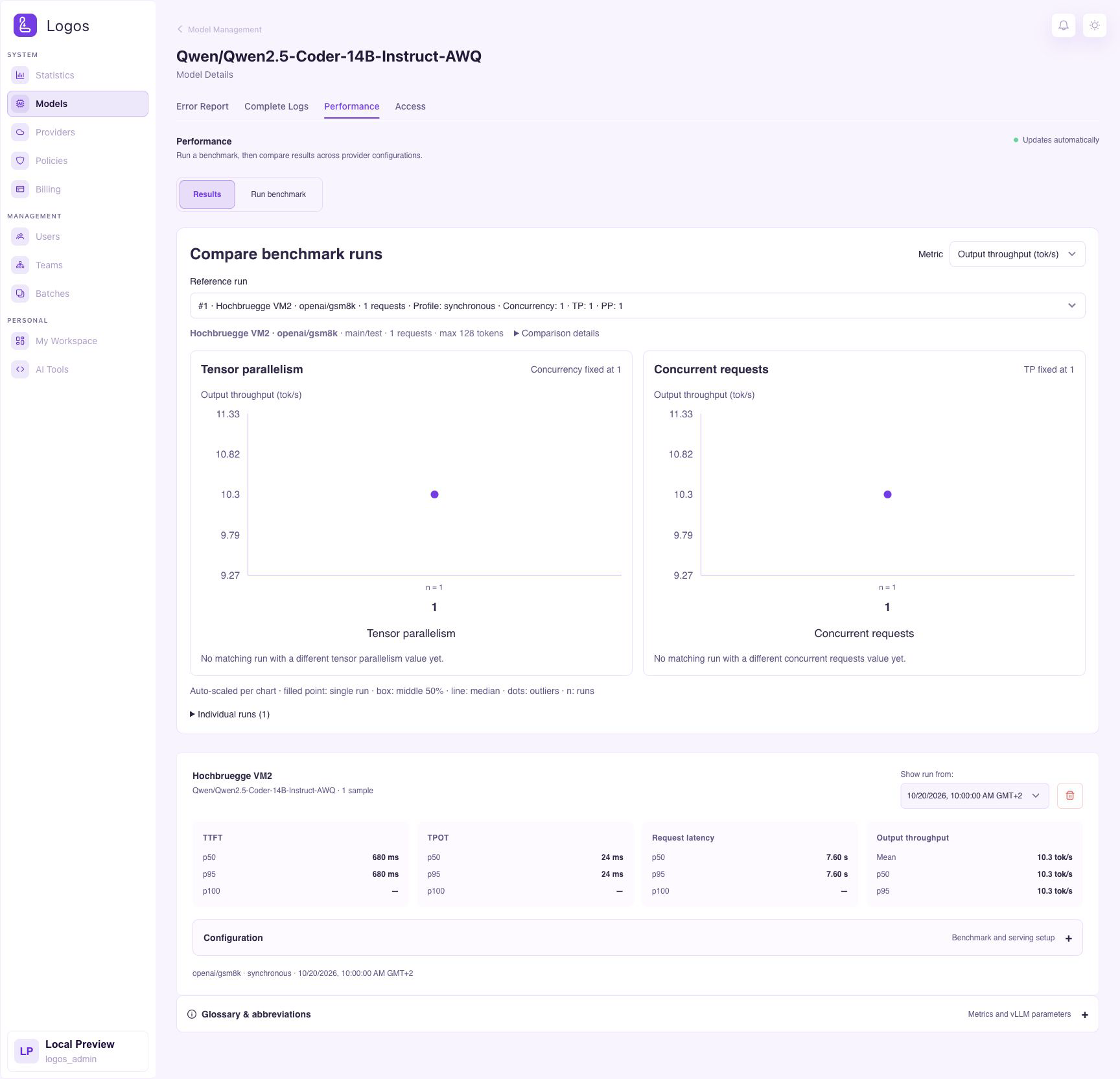 Desktop comparison charts and run history