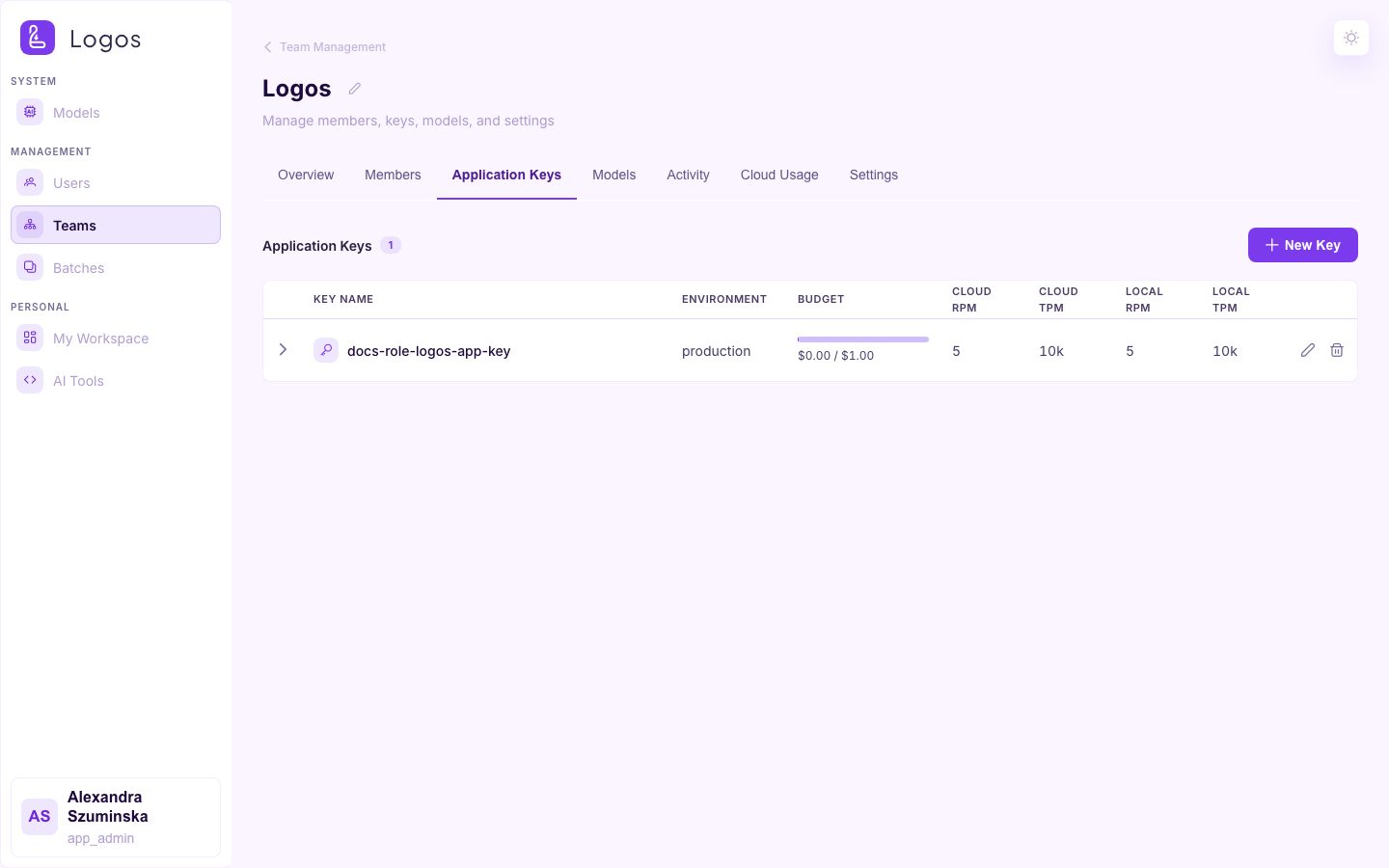 Team detail — Application Keys