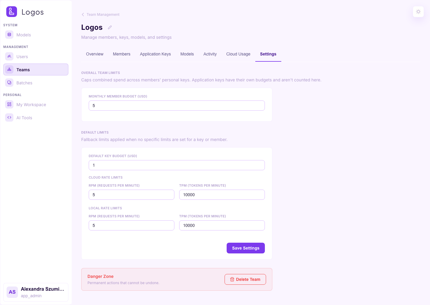 Team detail — Settings