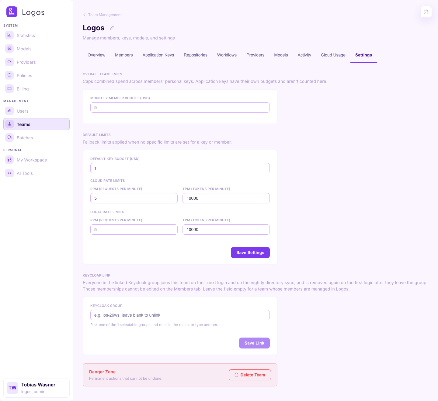 Team detail — Settings
