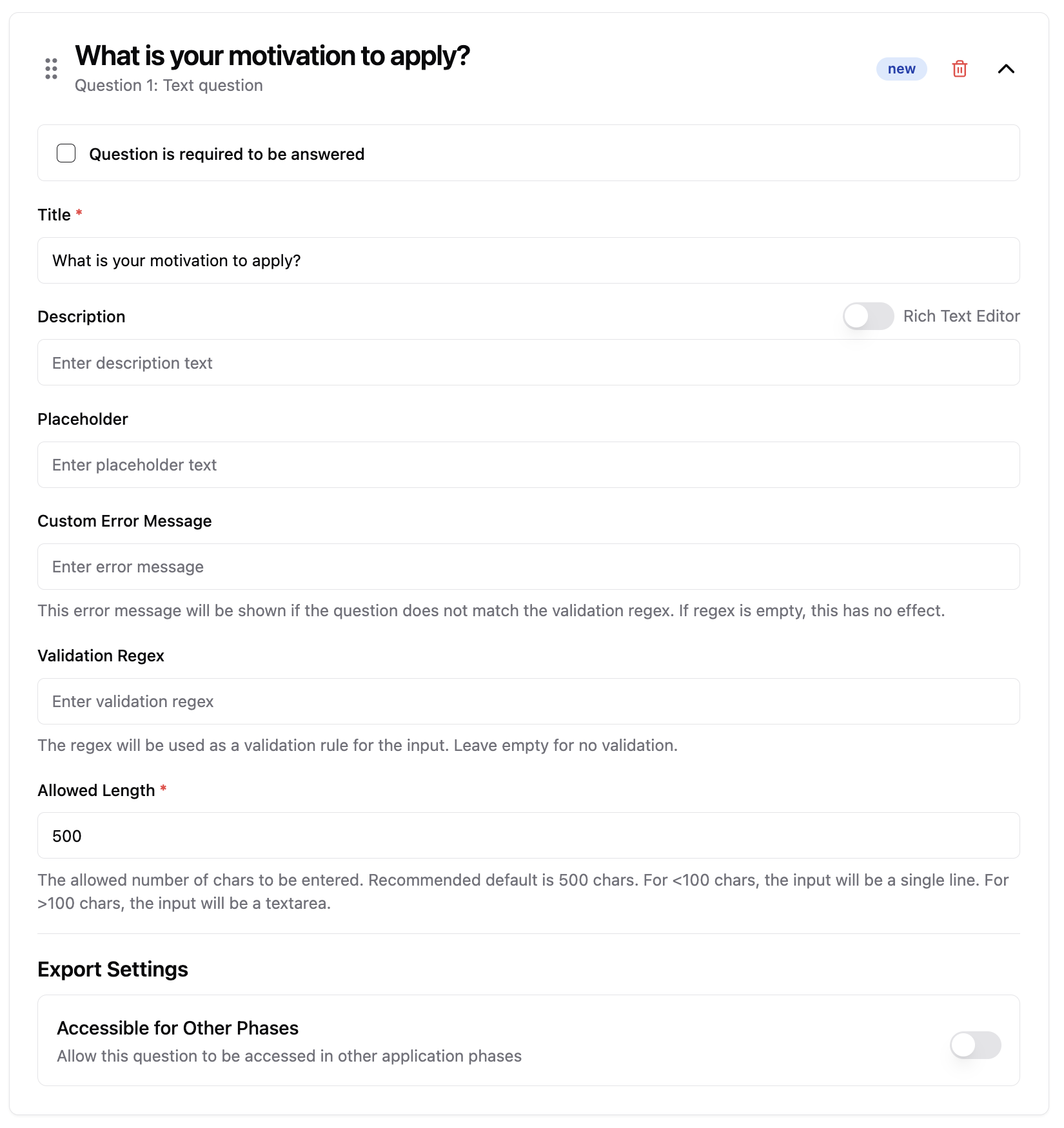 Text Question Configuration