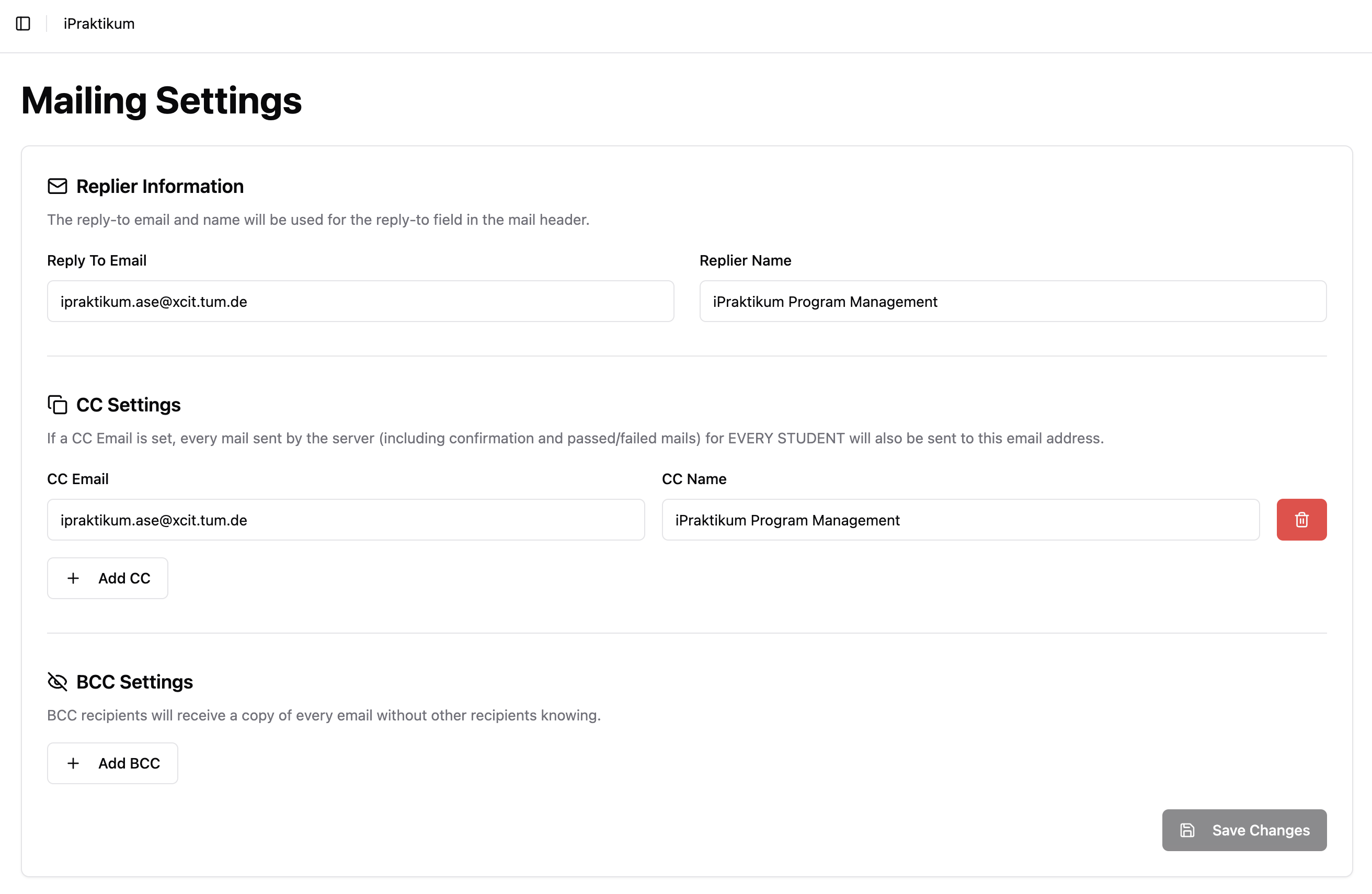 Mailing Settings Sidebar