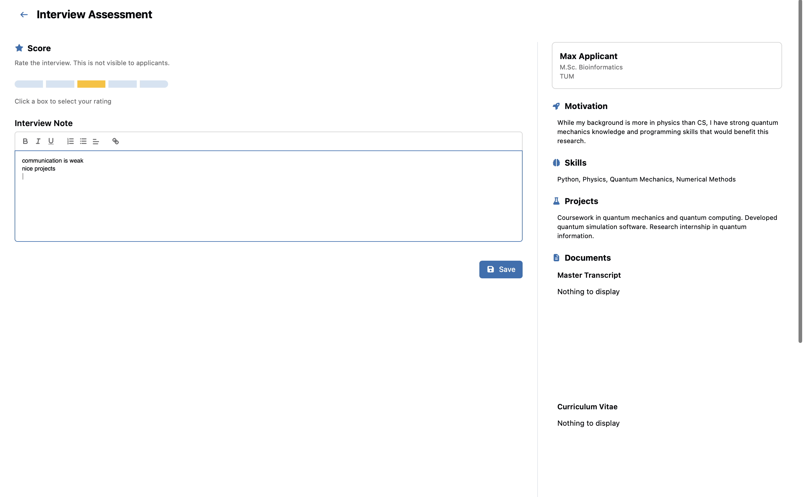 Interviewee Assessment Dialog
