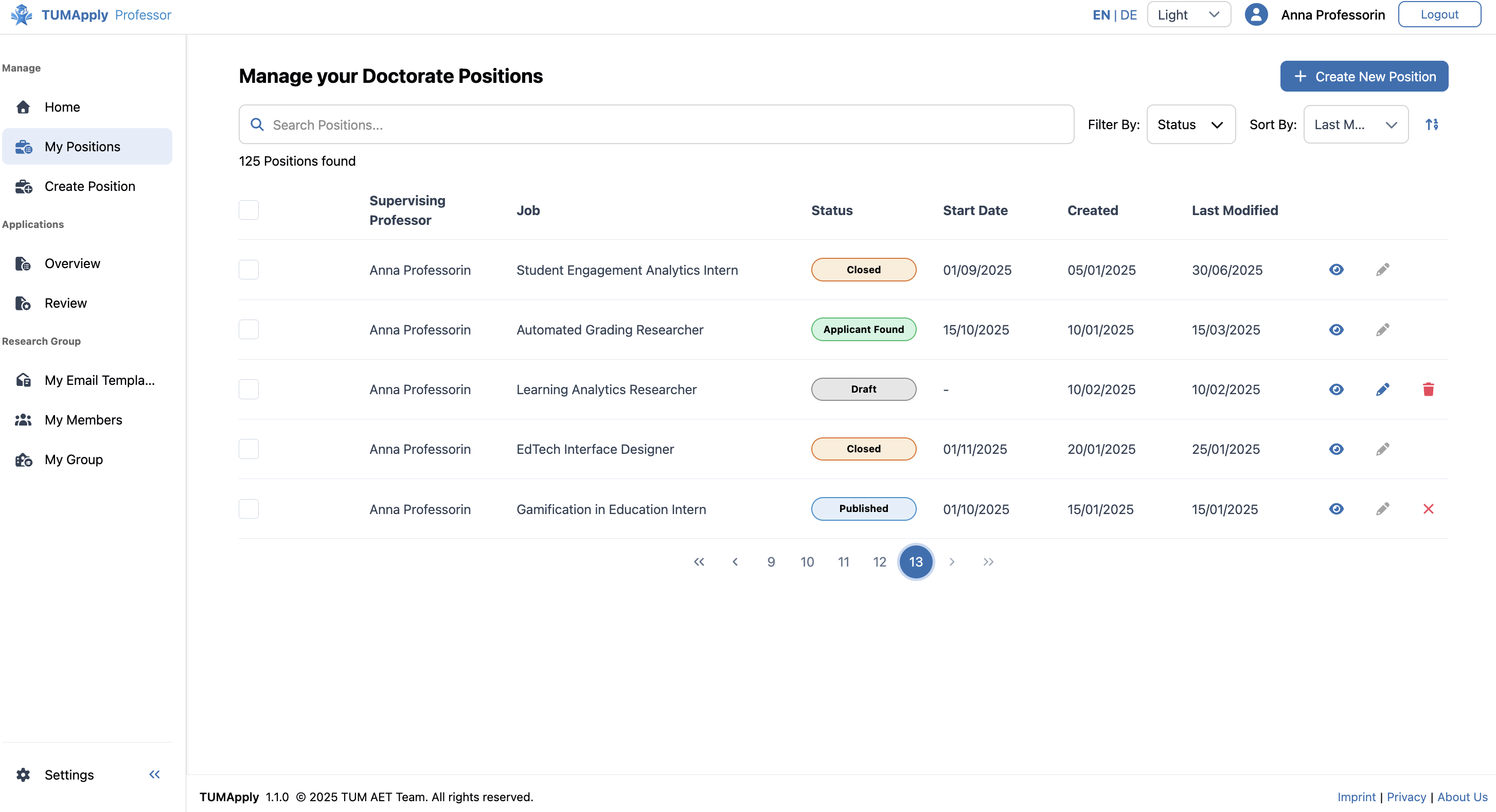 My Positions Dashboard