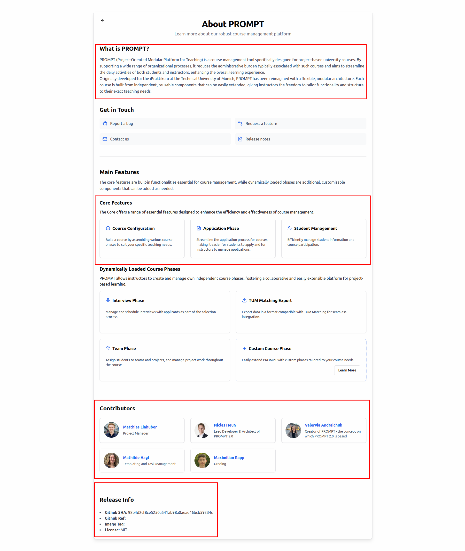 Example of an about page from PROMPT displaying and explanation of what PROMPT is, what the core features are, who the contributors are and release information.
