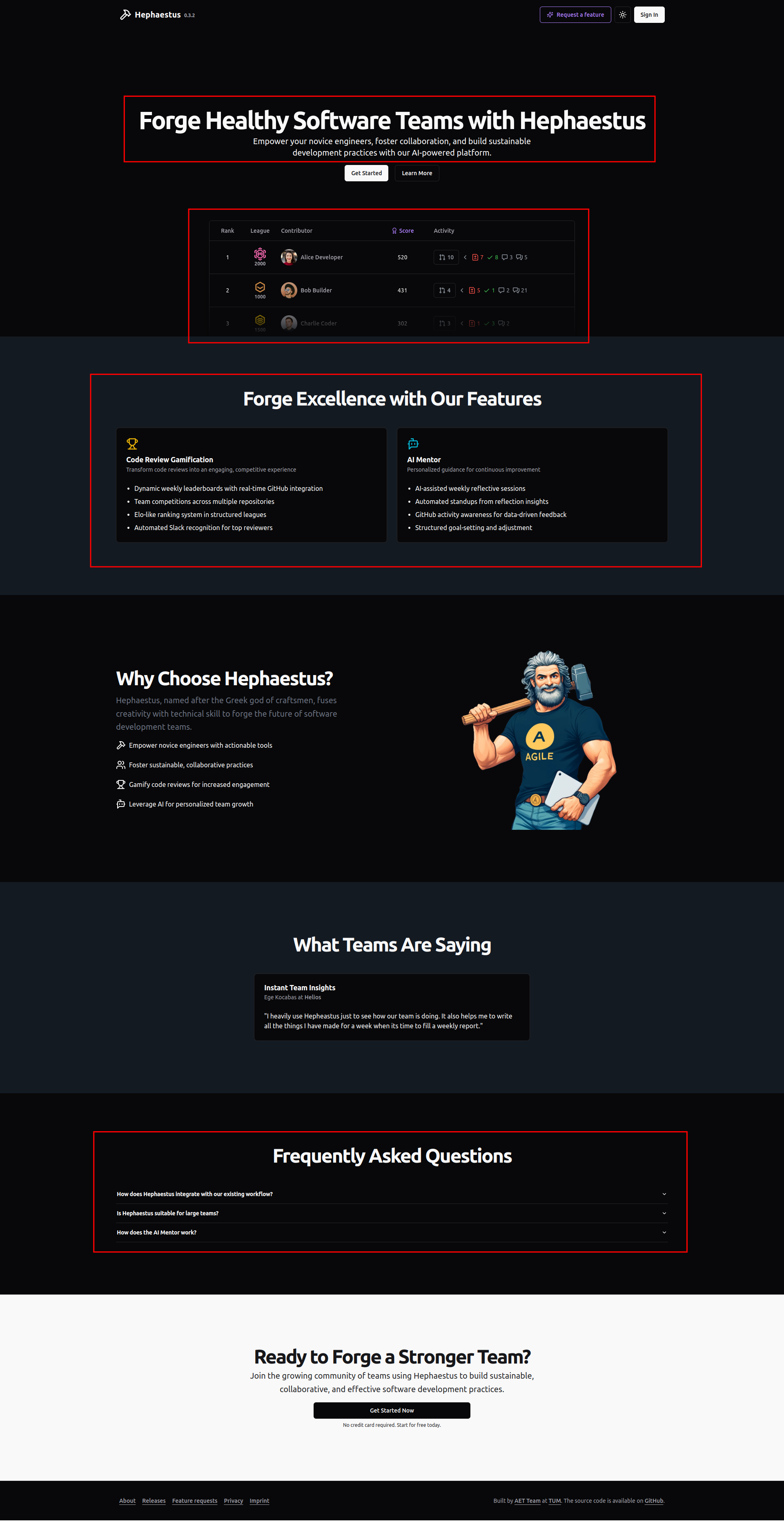 Example of a landing page where you can see features and frequently asked questions
